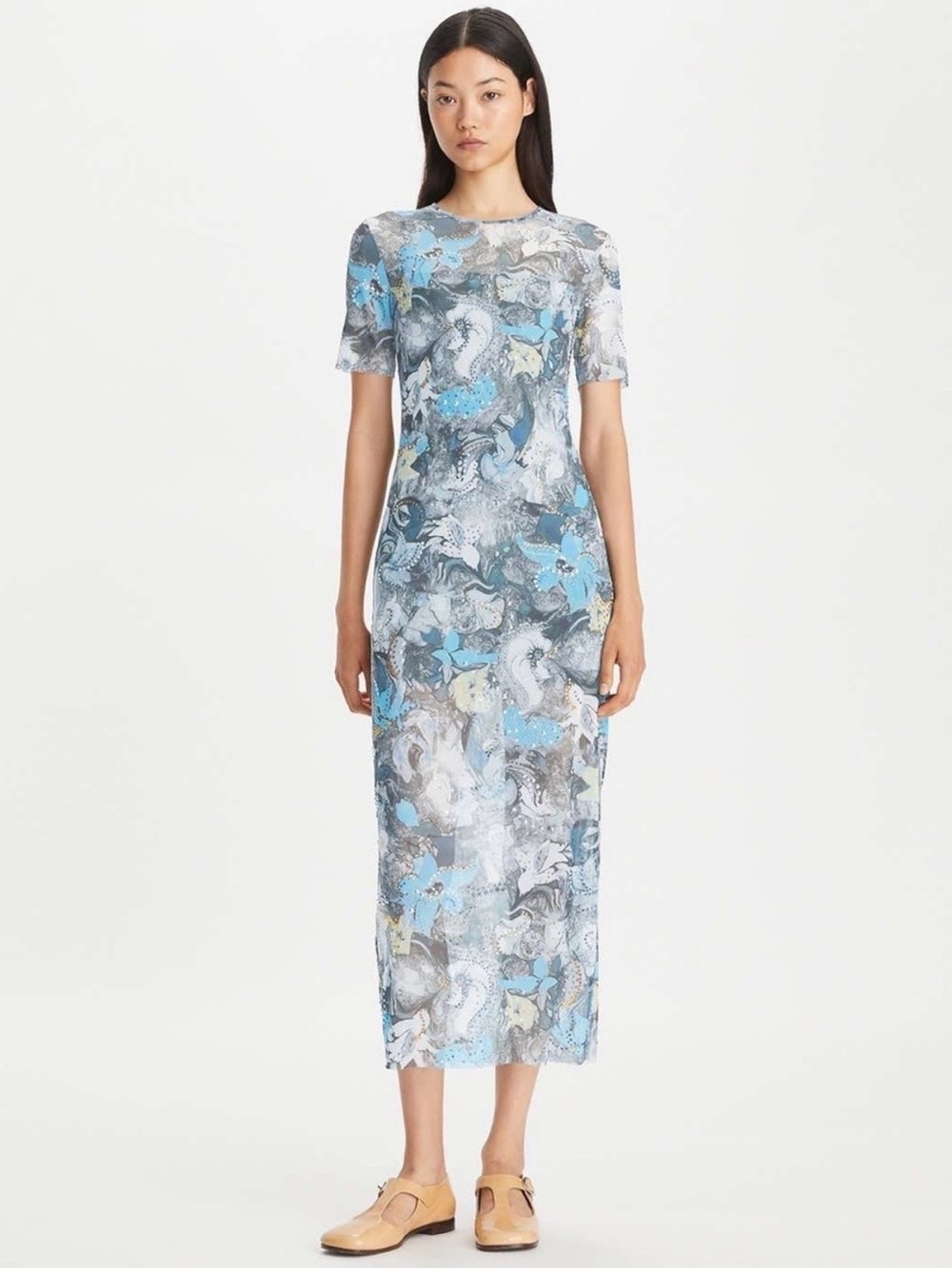 Tory Burch Abstract Floral Short-Sleeve Midi Dress with Crystals